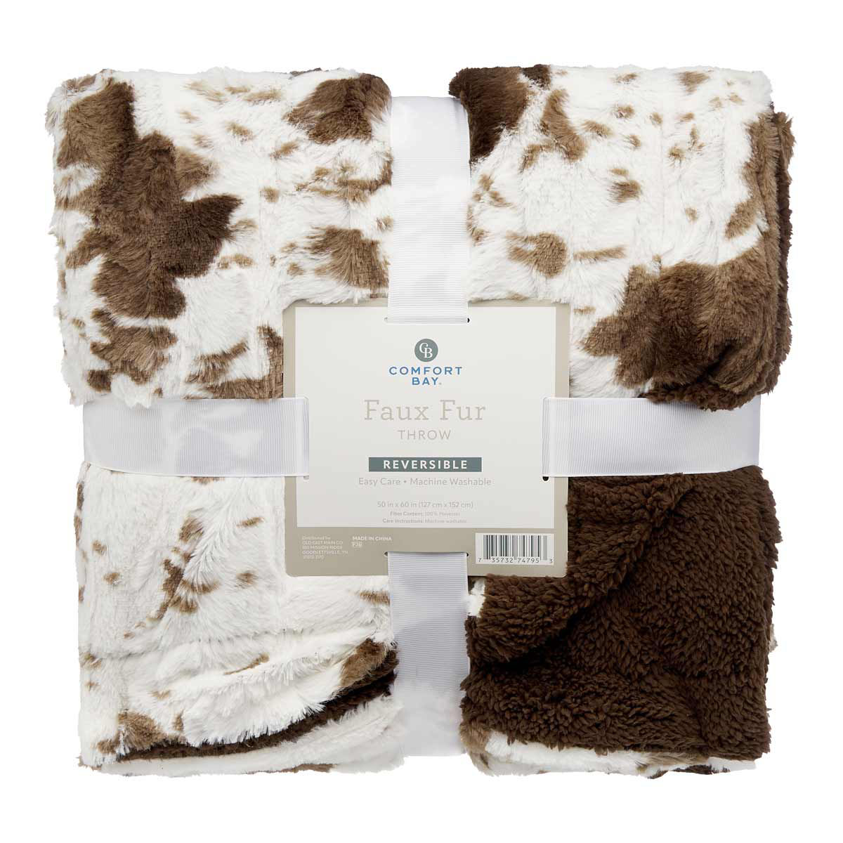 Comfort Bay Reversible Faux Fur Cow Print Throw, 50x60 in