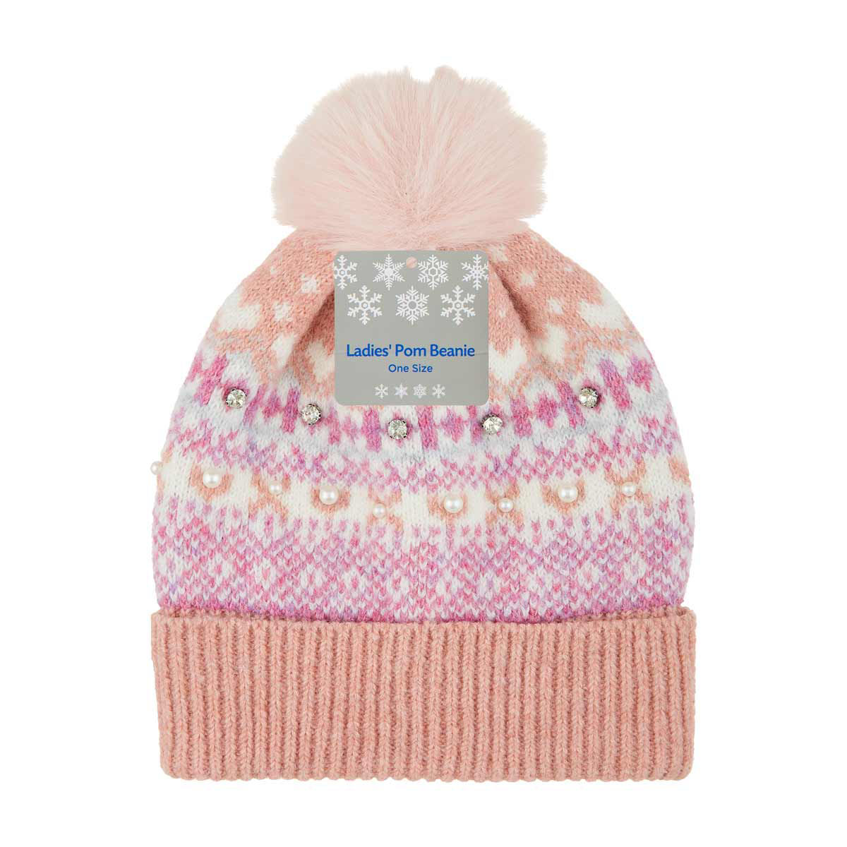 Women's Pink Fair Isle Pom Beanie with Pearl & Rhinestone Accents, One Size