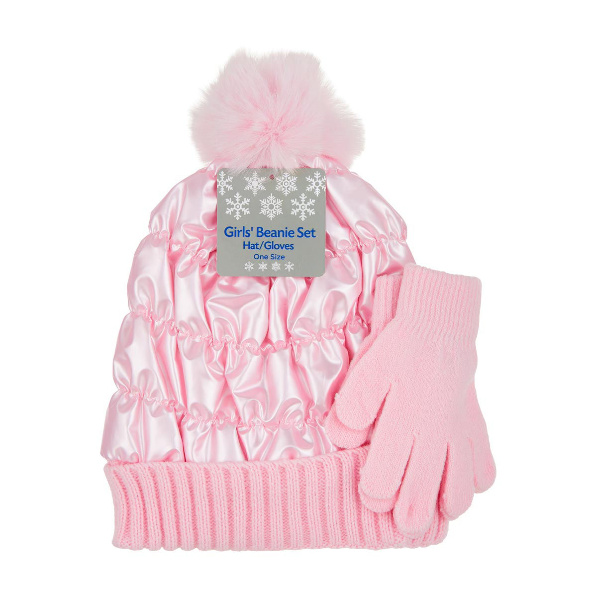 Girls' Pink Glossy Quilted Beanie & Glove Set, One Size