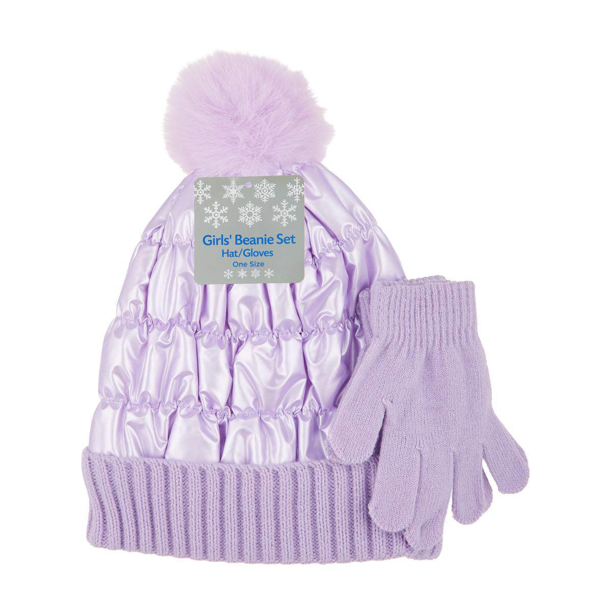 Girls' Purple Puffer Pom Beanie & Glove Set, One Size