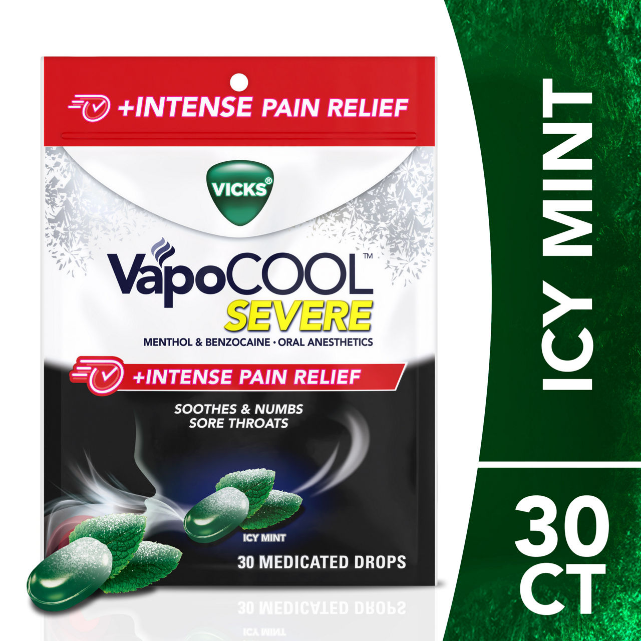 Vicks VapoCOOL SEVERE +Intense Pain Relief Max Strength* Menthol & Benzocaine Drops/Lozenge for Sore Throat Relief, Icy Mint, 30 ct
