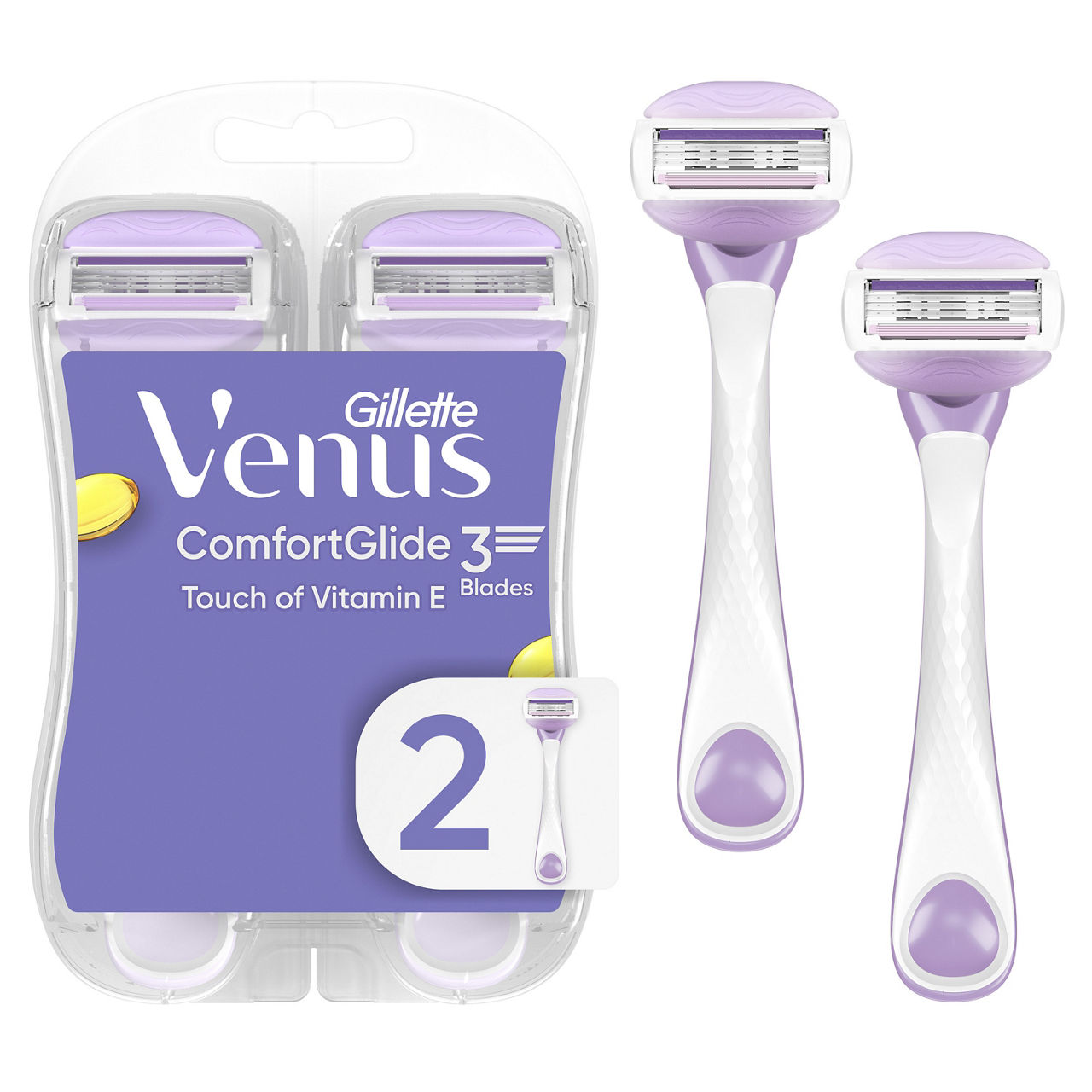 Gillette Venus ComfortGlide Touch of Vitamin E, Disposable Razor for Women, 3 Blades, Water-Activated Moisture Bars, 2 ct