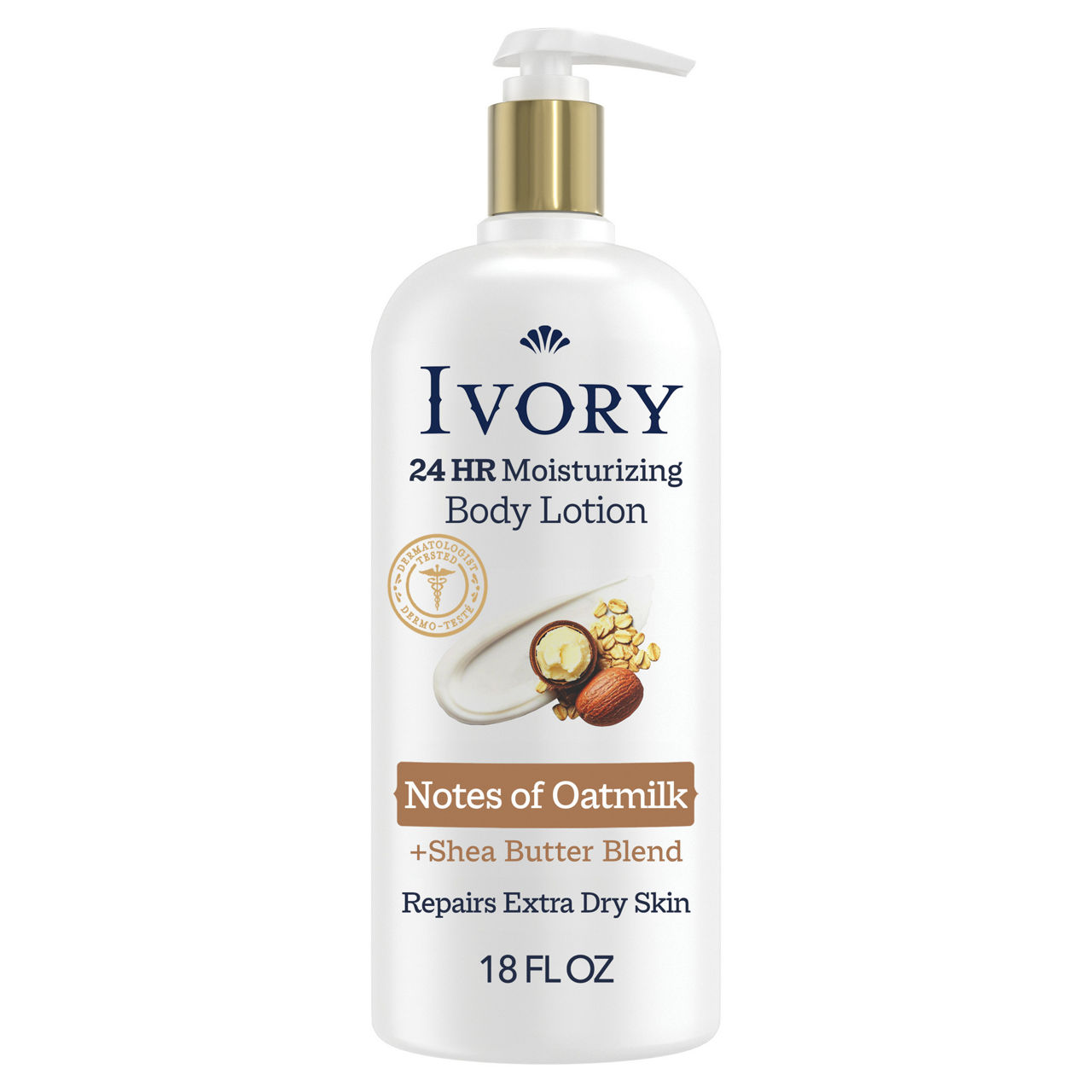 Ivory Body Lotion, 24hr Moisturizing, Absorbs Instantly, Shea Butter Blend, Notes of Oatmilk Scent, 18 fl oz