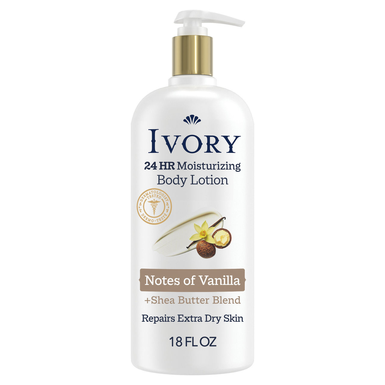 Ivory Body Lotion, 24hr Moisturizing, Absorbs Instantly, Shea Butter Blend, Notes of Vanilla Scent, 18 fl oz