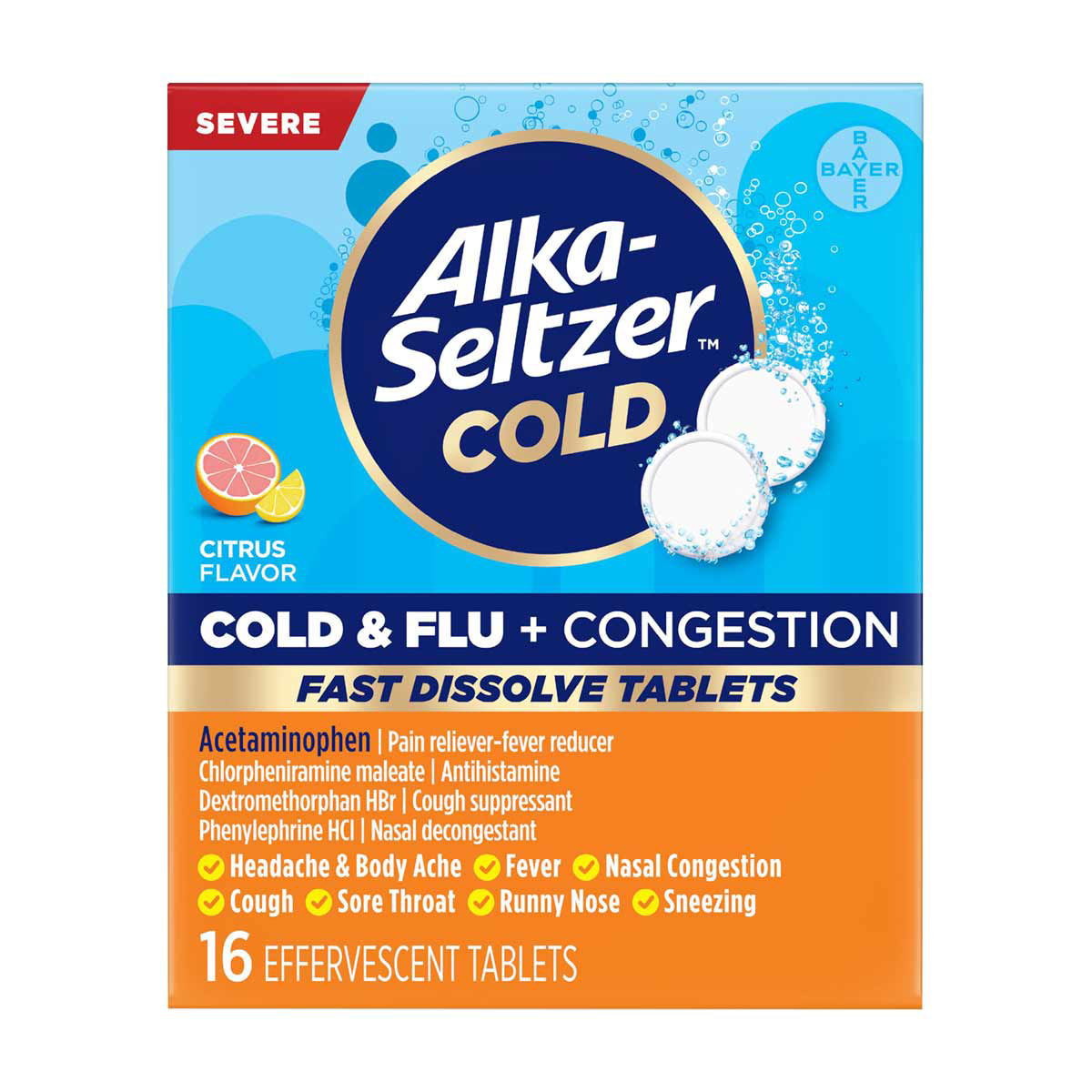 Alka-Seltzer Severe Cold & Flu + Congestion Citrus Flavor Fast Dissolve Tablets,