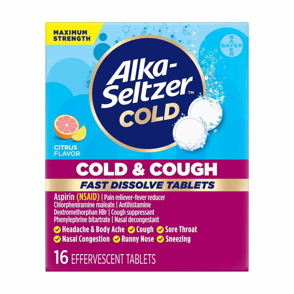 Alka-Seltzer Maximum Strength Cold & Cough Citrus Flavor Fast Dissolve Tablets,