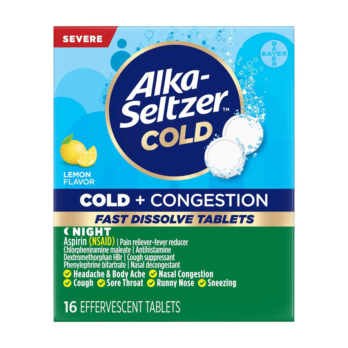 Alka-Seltzer Severe Cold & Congestion Night Lemon Flavor Fast Dissolve Tablets,