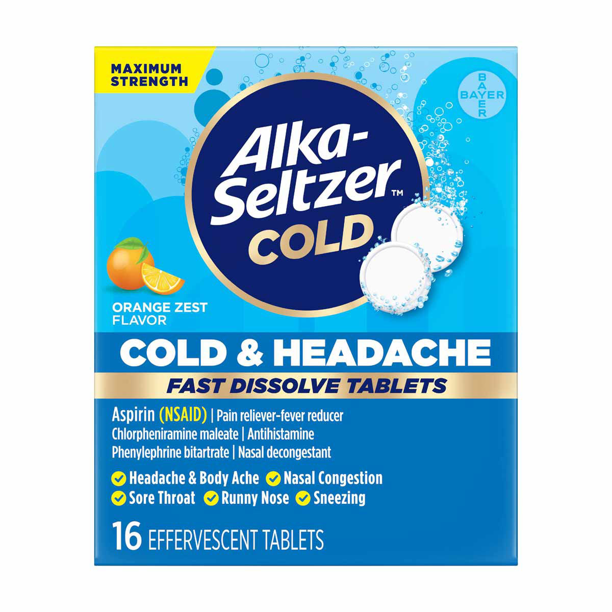 Alka-Seltzer Cold & Headache Max Strength Orange Zest Fast Dissolve Tablets, 16