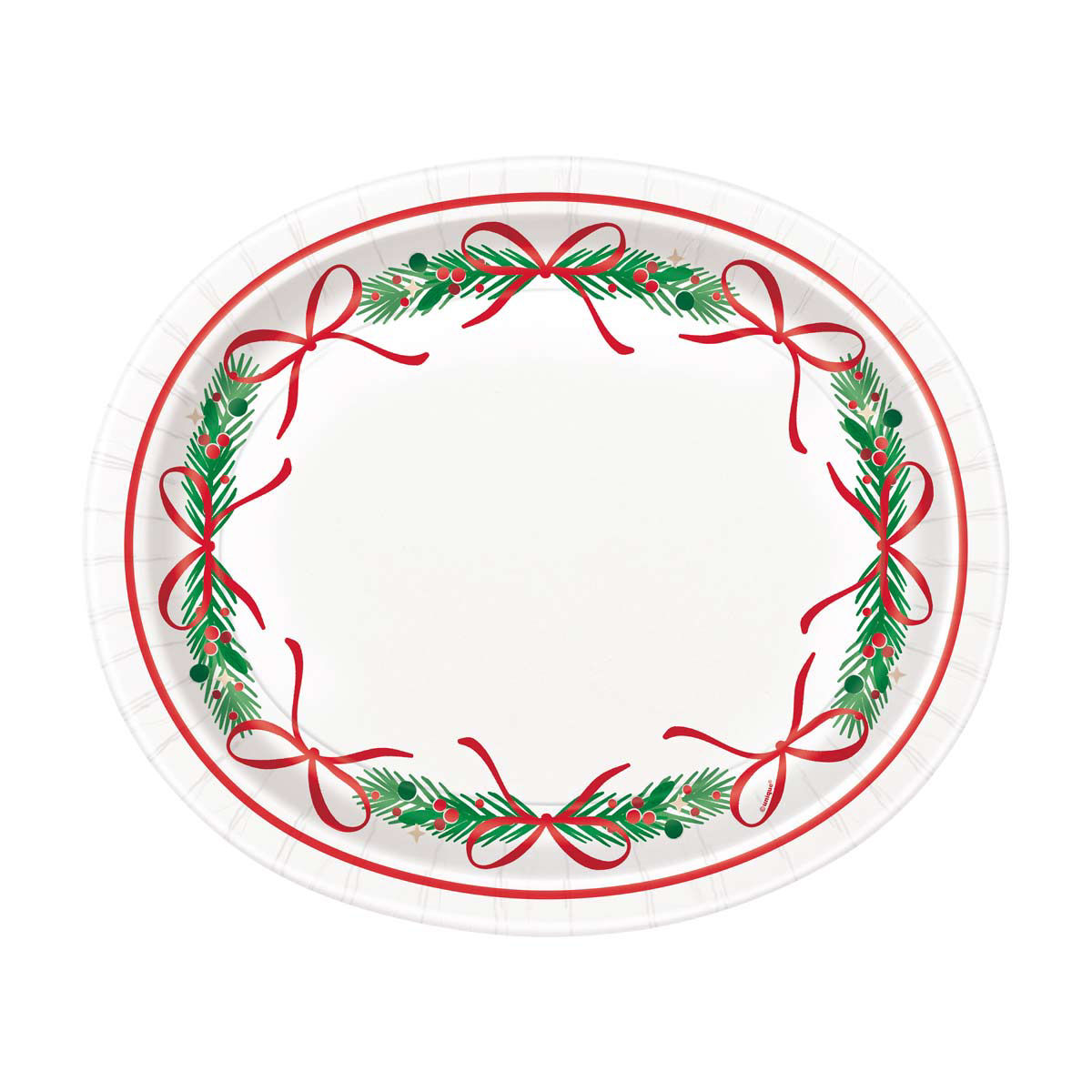 Christmas-Pine-&-Bow-Oval-Paper-Plates,-8-ct