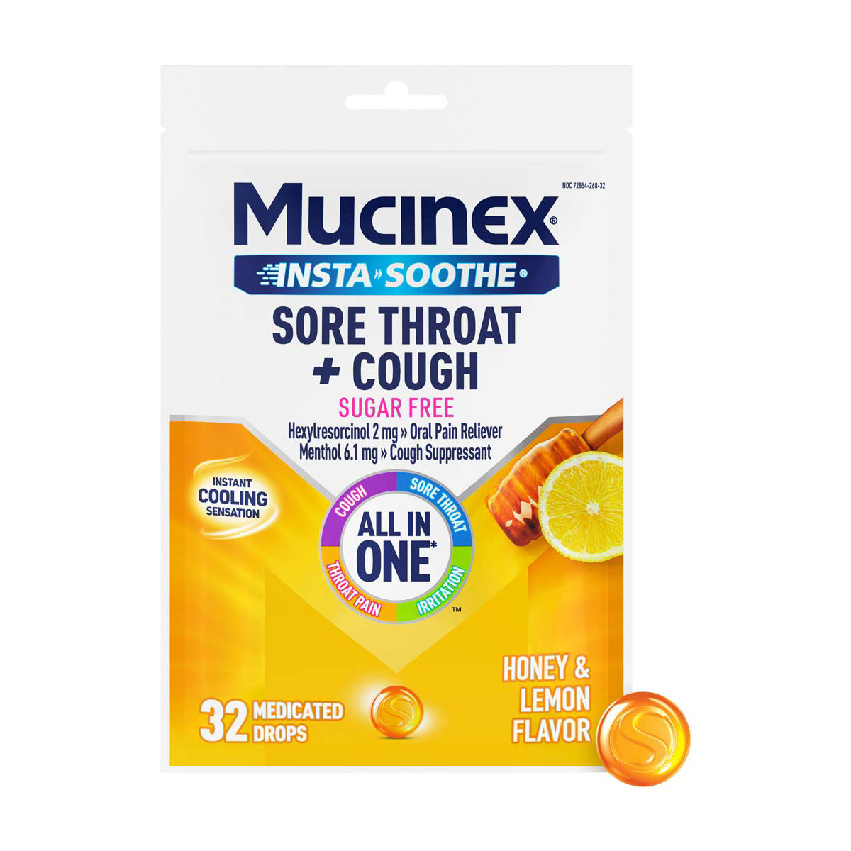 Mucinex Insta-Soothe Sore Throat + Cough Drops, Honey & Lemon, 32 ct