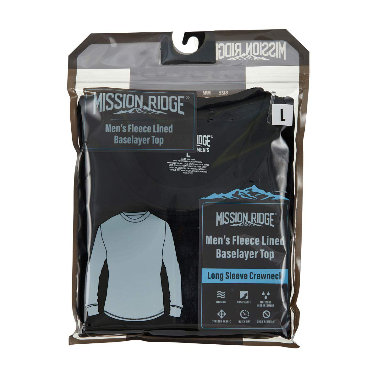 Mission Ridge Men's Black Fleece Lined Long Sleeve Baselayer Top, Large