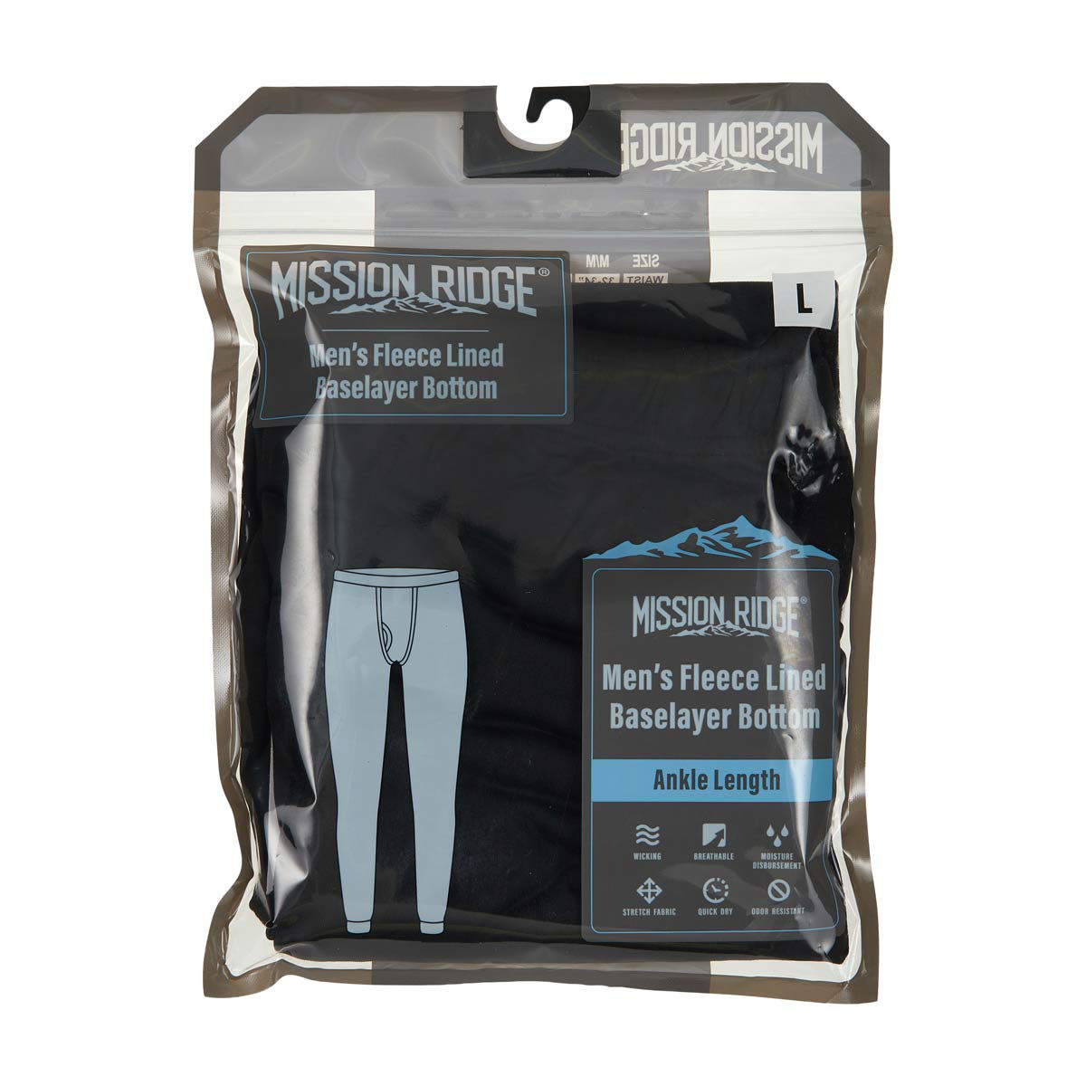 Mission Ridge Men's Black Fleece Lined Ankle Length Baselayer Bottom, Large