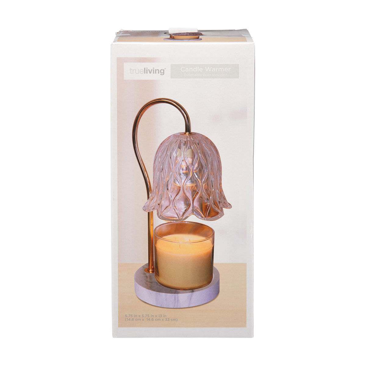 True Living Clear & Gold Glass Candle Warmer Lamp with Marble Base, 5.75x5.75x13 in