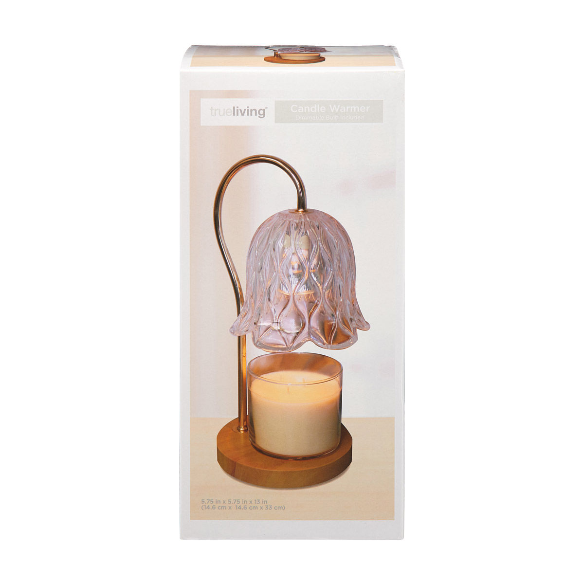 True Living Clear & Gold Glass Candle Warmer Lamp with Wood Base, 5.75x5.75x13 in