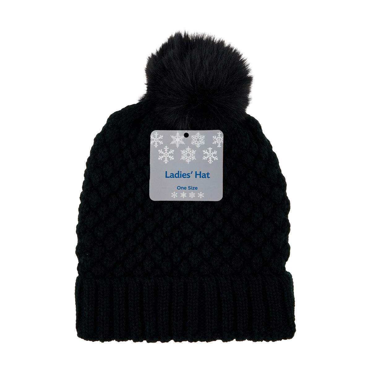 Women's Black Popcorn Knit Pom Beanie, One Size