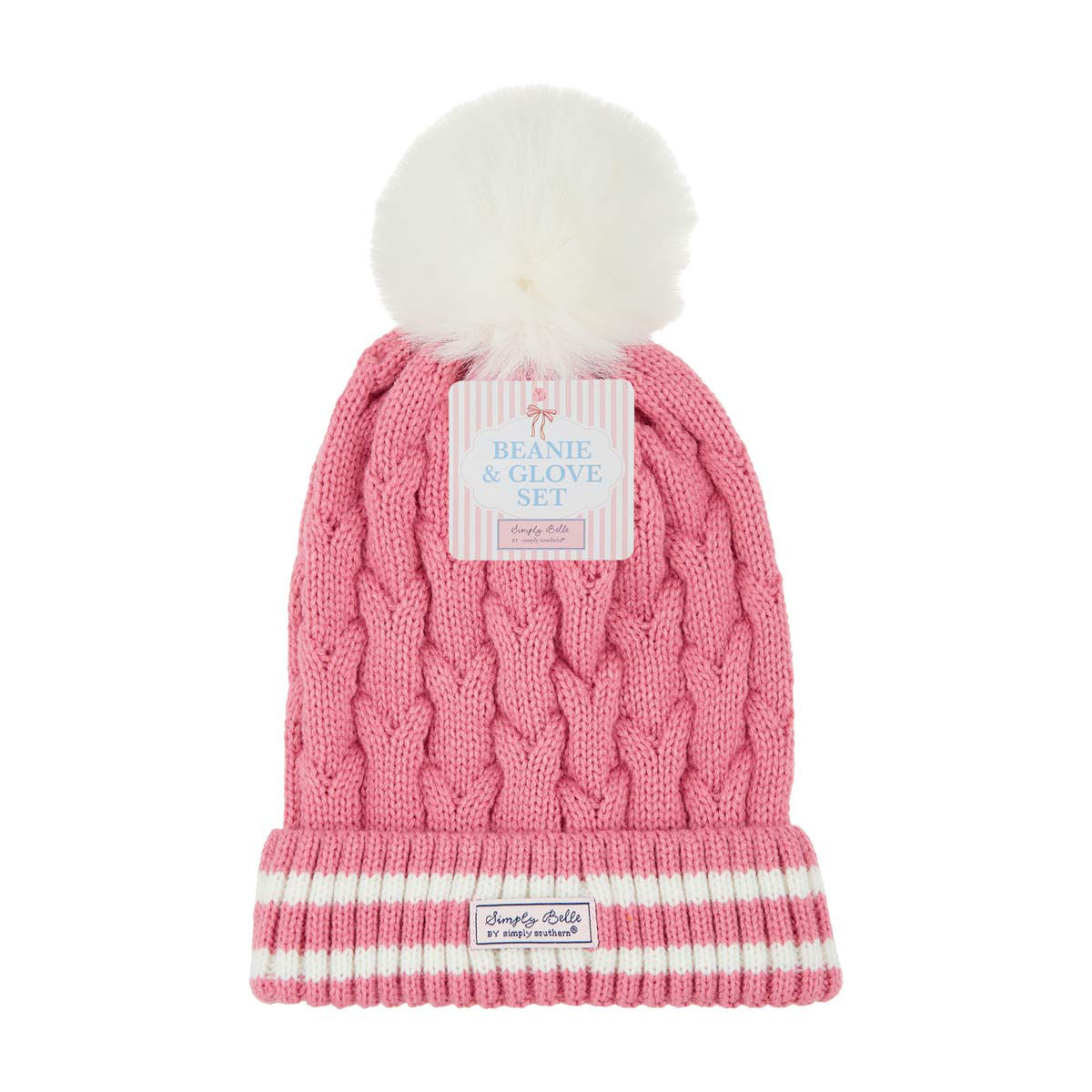 Simply Belle Pink & White Cable Knit Pom Beanie & Glove Set