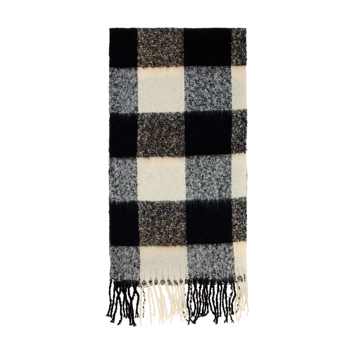 Unisex Black & White Buffalo Plaid Fringe Scarf