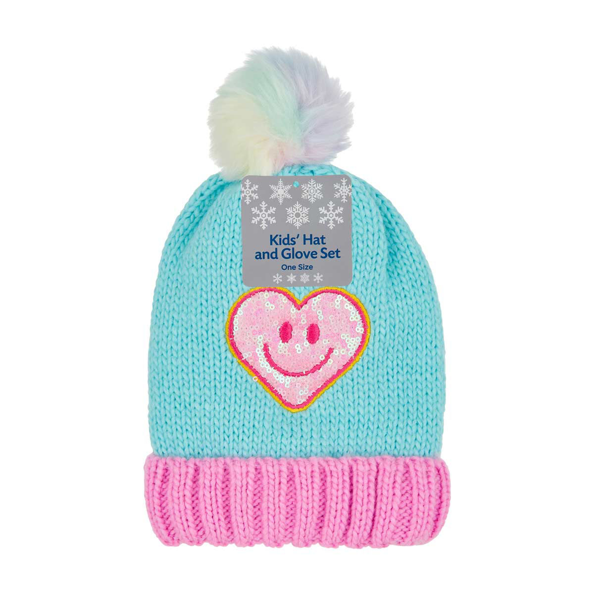 Kids' Blue & Pink Sequin Smiley Heart Beanie & Glove Set, One Size