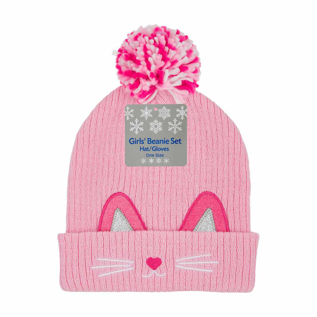 Girls' Pink Cat Beanie & Glove Set, One Size
