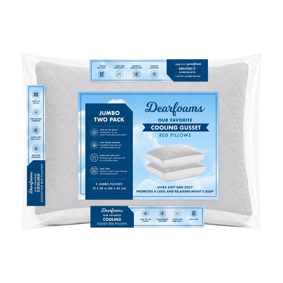 Dearfoams Cooling Gusset Bed Pillows, 18x26 in, 2 ct