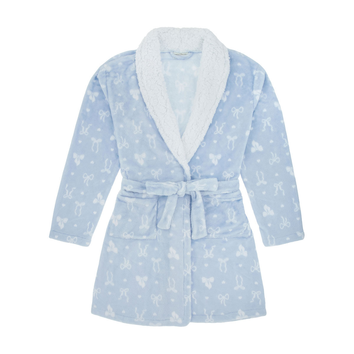 Bobbie Brooks Women's Blue Bow Print Plush Robe with Sherpa Collar