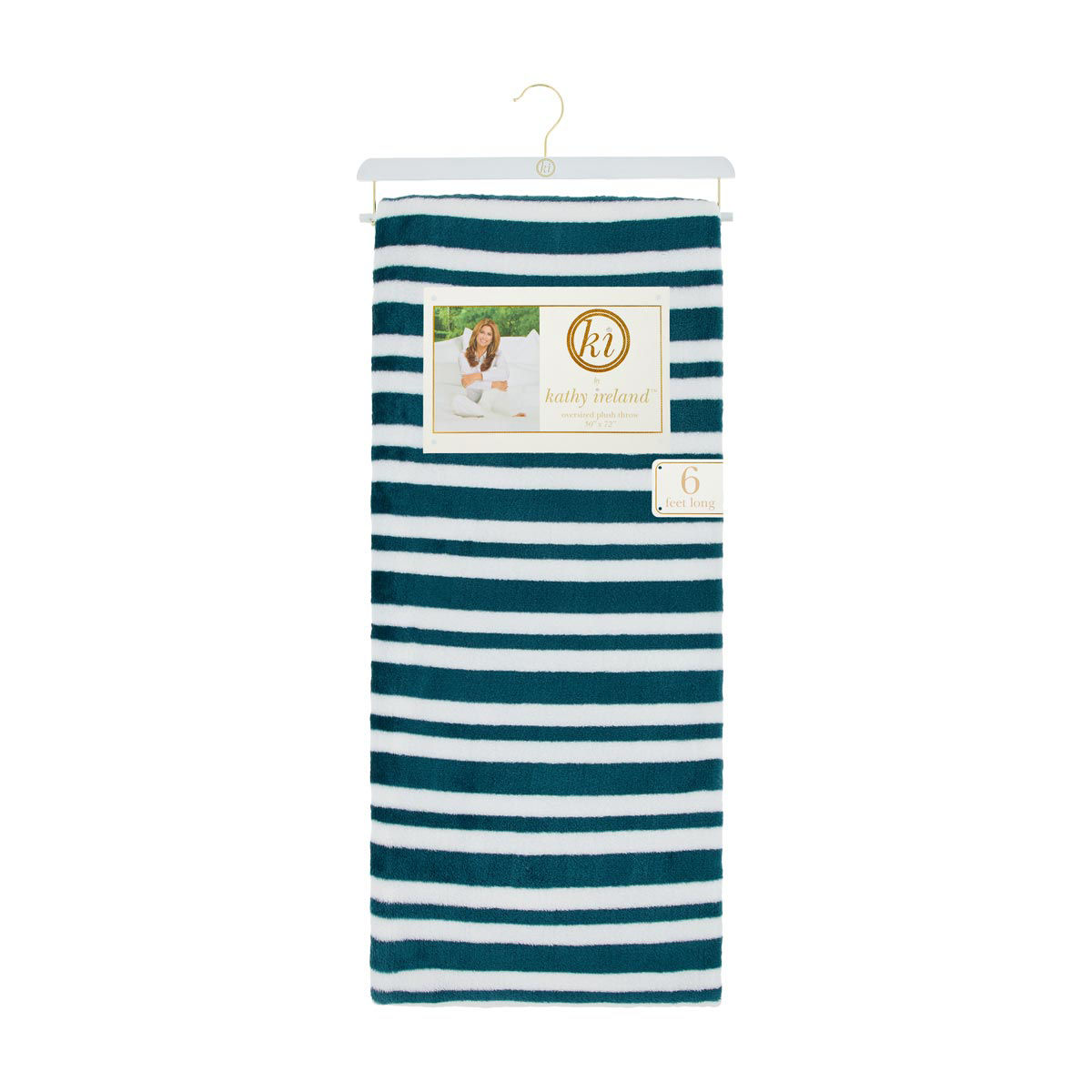 Kathy Ireland Teal Stripe Oversized Plush Throw, 6 ft