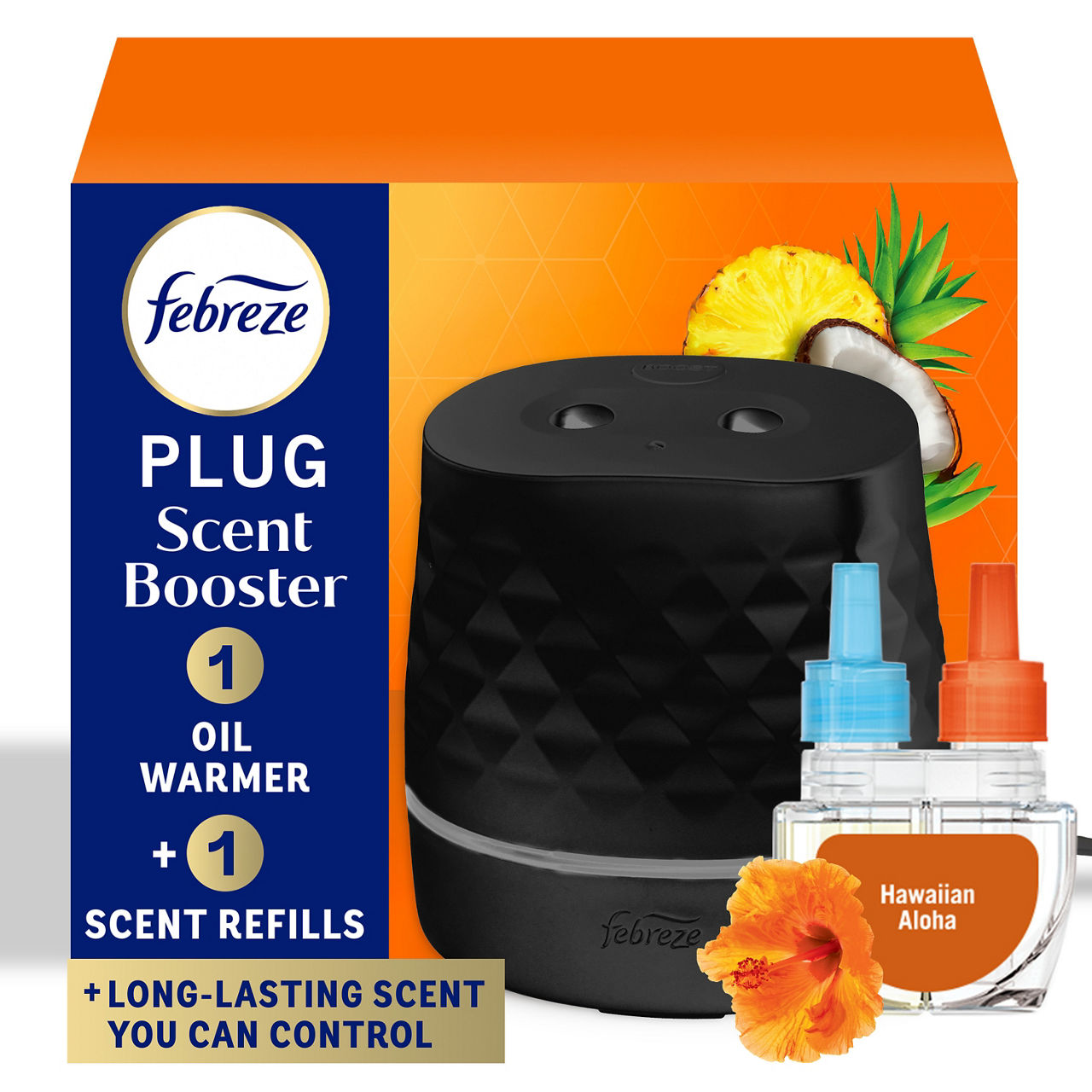 Febreze PLUG Scent Booster Starter Kit, Black, Oil Diffuser, Air Freshener Plug In, Continuous Scent Device + 1 Hawaiian Aloha Refill