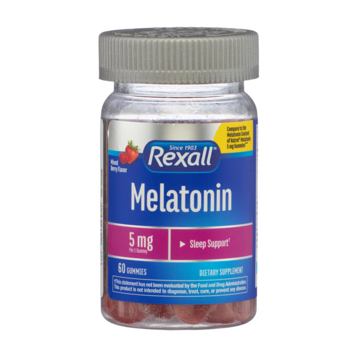 Rexall Melatonin 5 mg Sleep Support Mixed Berry Flavor Gummies, 60 ct