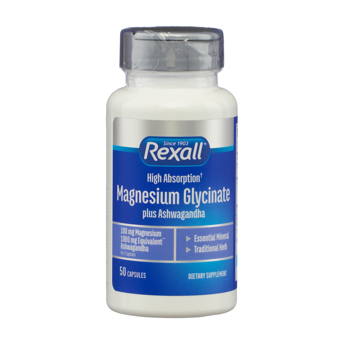 Rexall High Absorption Magnesium Glycinate plus Ashwagandha Capsules, 50 ct