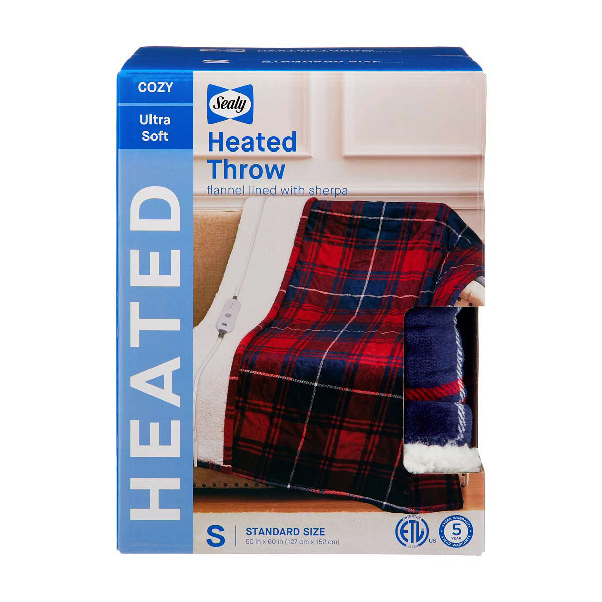 Sealy Red & Navy Blue Plaid Sherpa-Lined Heated Throw Blanket, 50x60 in