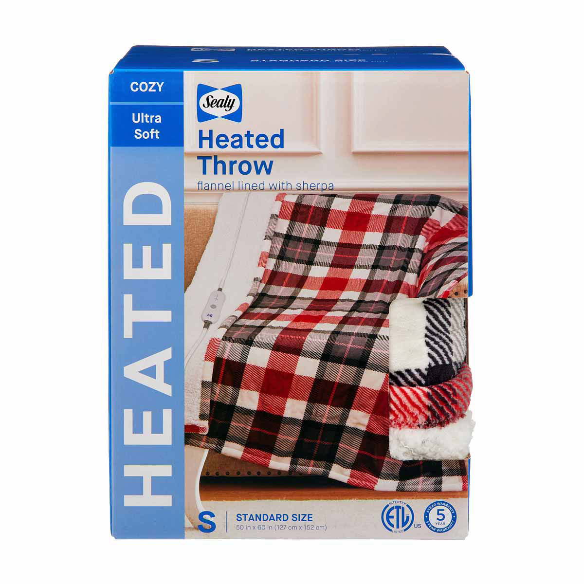 Sealy Plaid Sherpa-Lined Heated Throw Blanket, 50x60 in