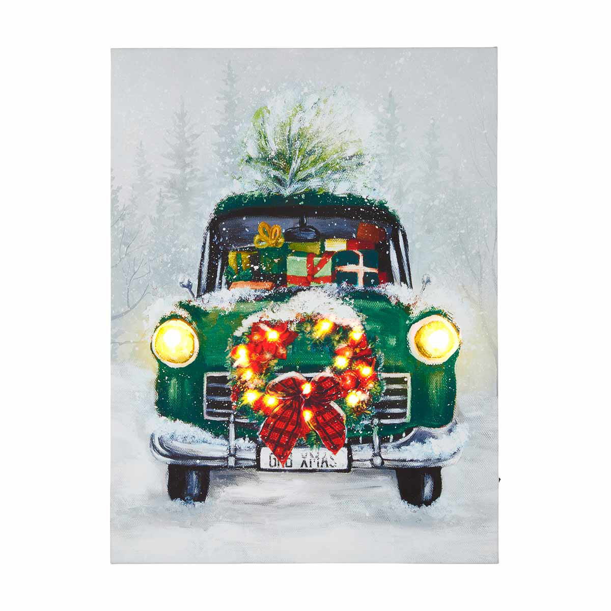 Christmas Light-Up Green Truck with Wreath Canvas Wall Art, 18x24 in