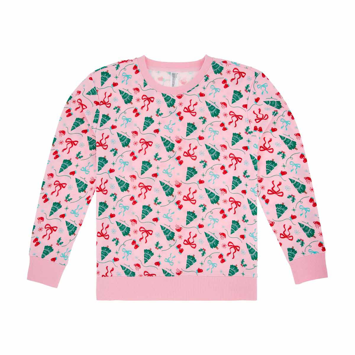 Christmas Unisex Pink Bows & Trees Print Sweatshirt, Medium