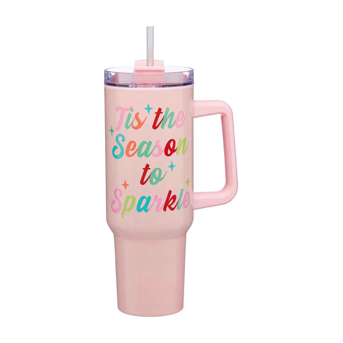 Christmas "Tis the Season to Sparkle" Pink Stainless Steel Tumbler with Handle &