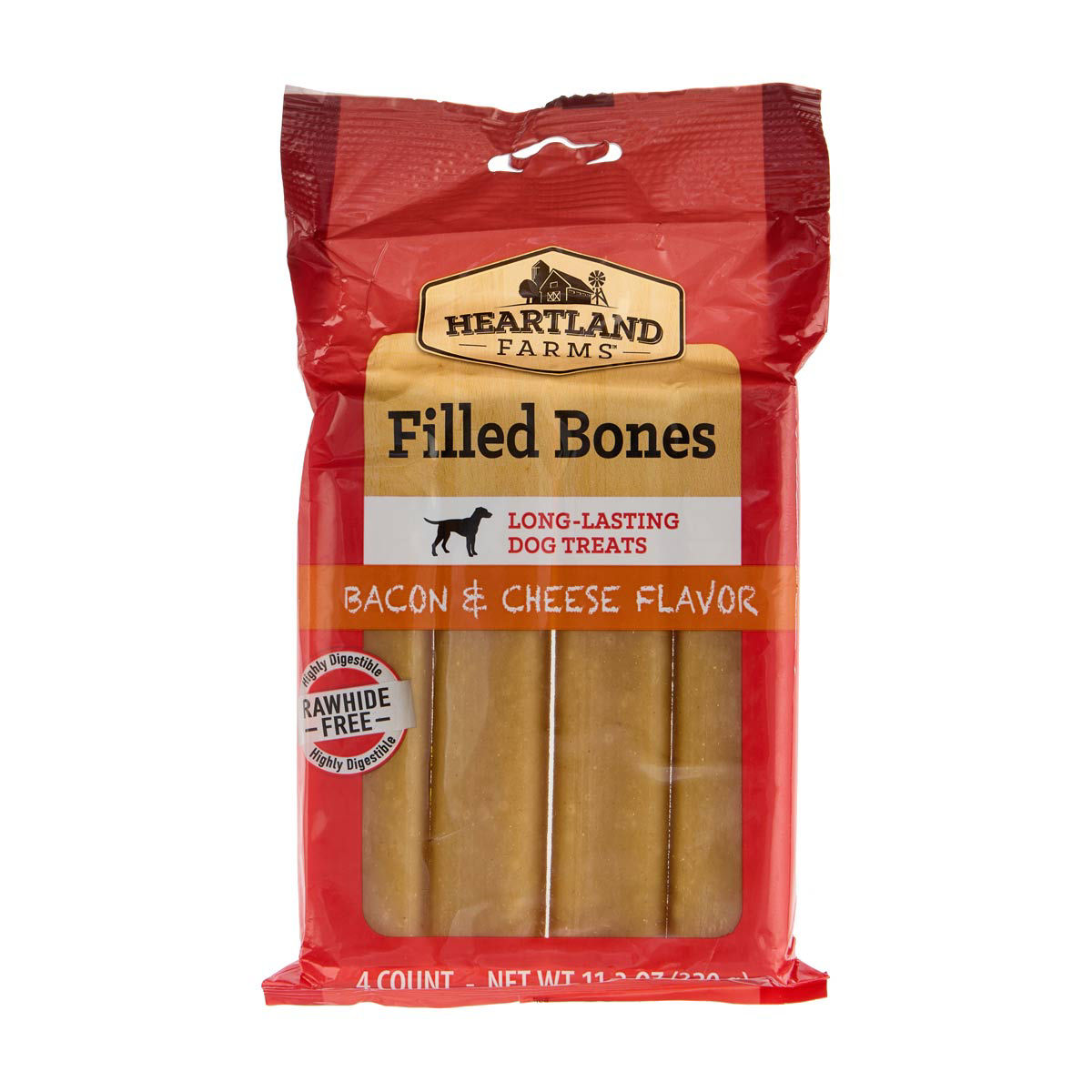 Heartland Farms Filled Bones Bacon & Cheese Flavor Rawhide-Free Dog Treats, 4 ct