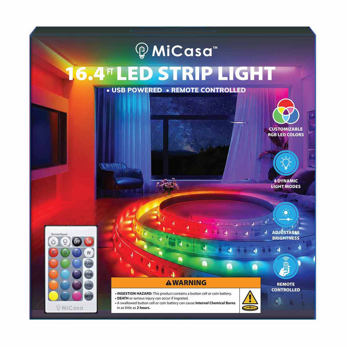MiCasa USB-Powered Remote-Controlled RGB LED Strip Light, 16.4 ft