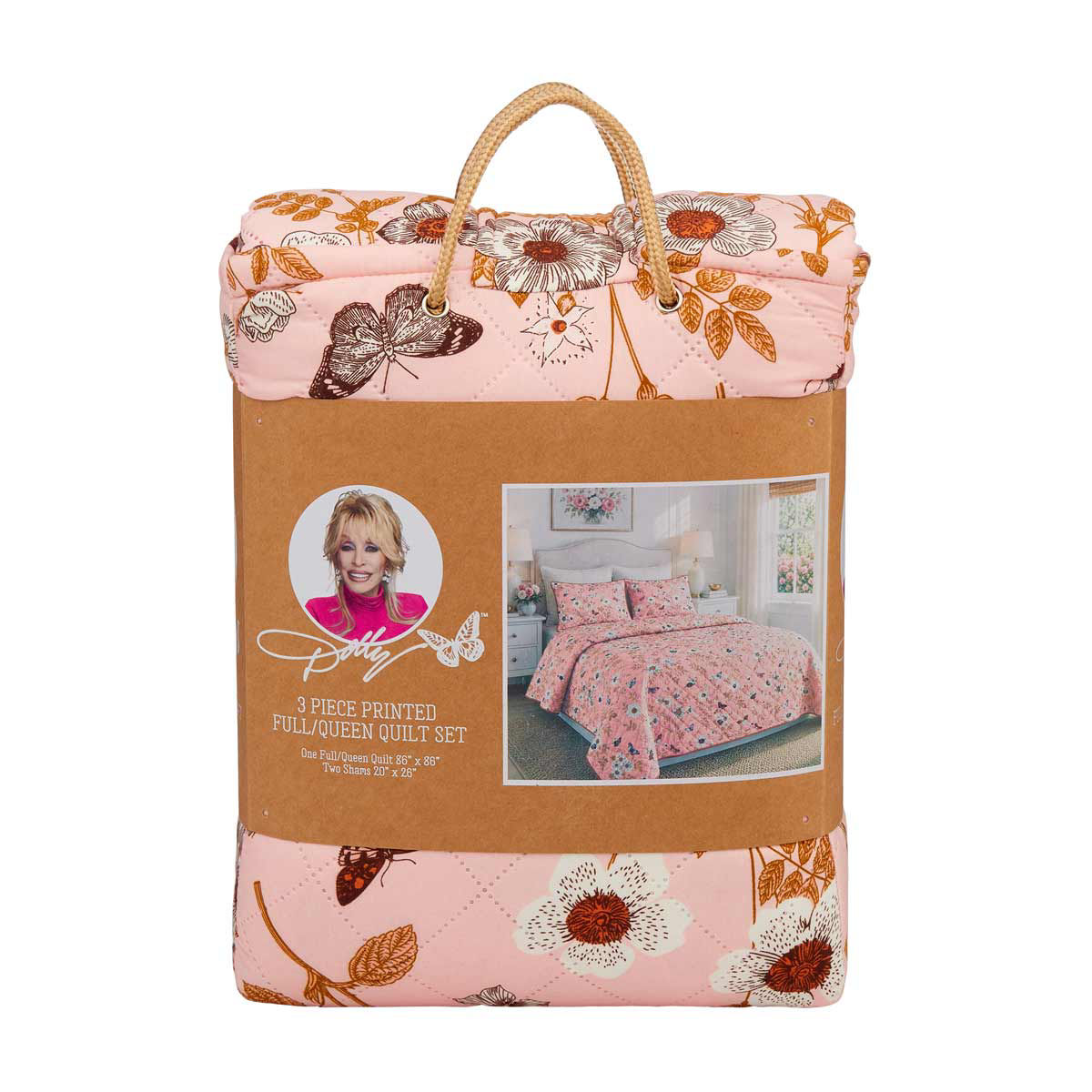 Dolly Parton Pink Floral & Butterfly 3 Piece Printed Quilt Set, Full/Queen