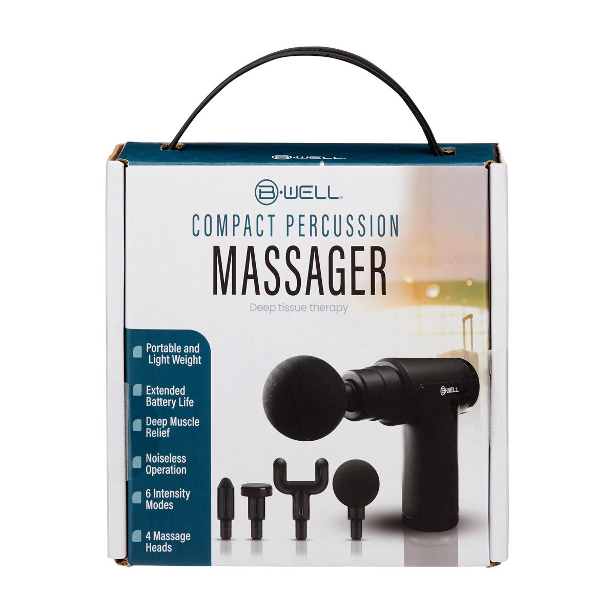 B-Well Black Compact Percussion Body Massager, 6 Speed, 4 Massage Heads