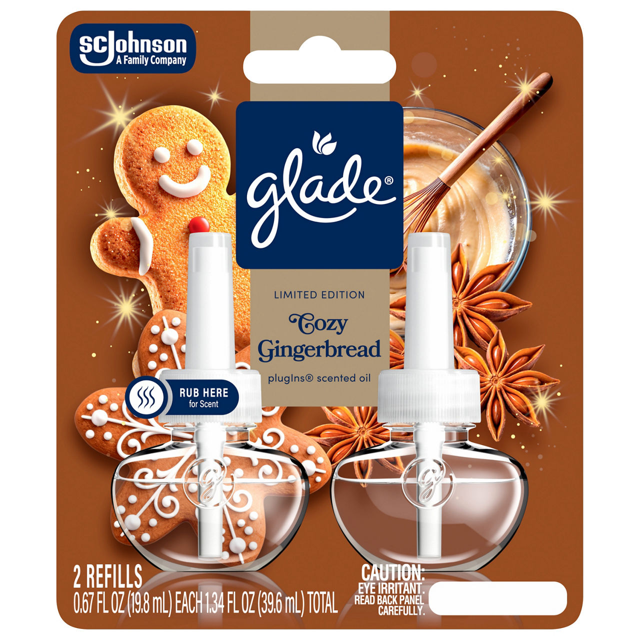 Glade® PlugIns® Scented Oil 2 Refills, Air Freshener, Cozy Gingerbread, 1.34 fl oz, Pack of 2