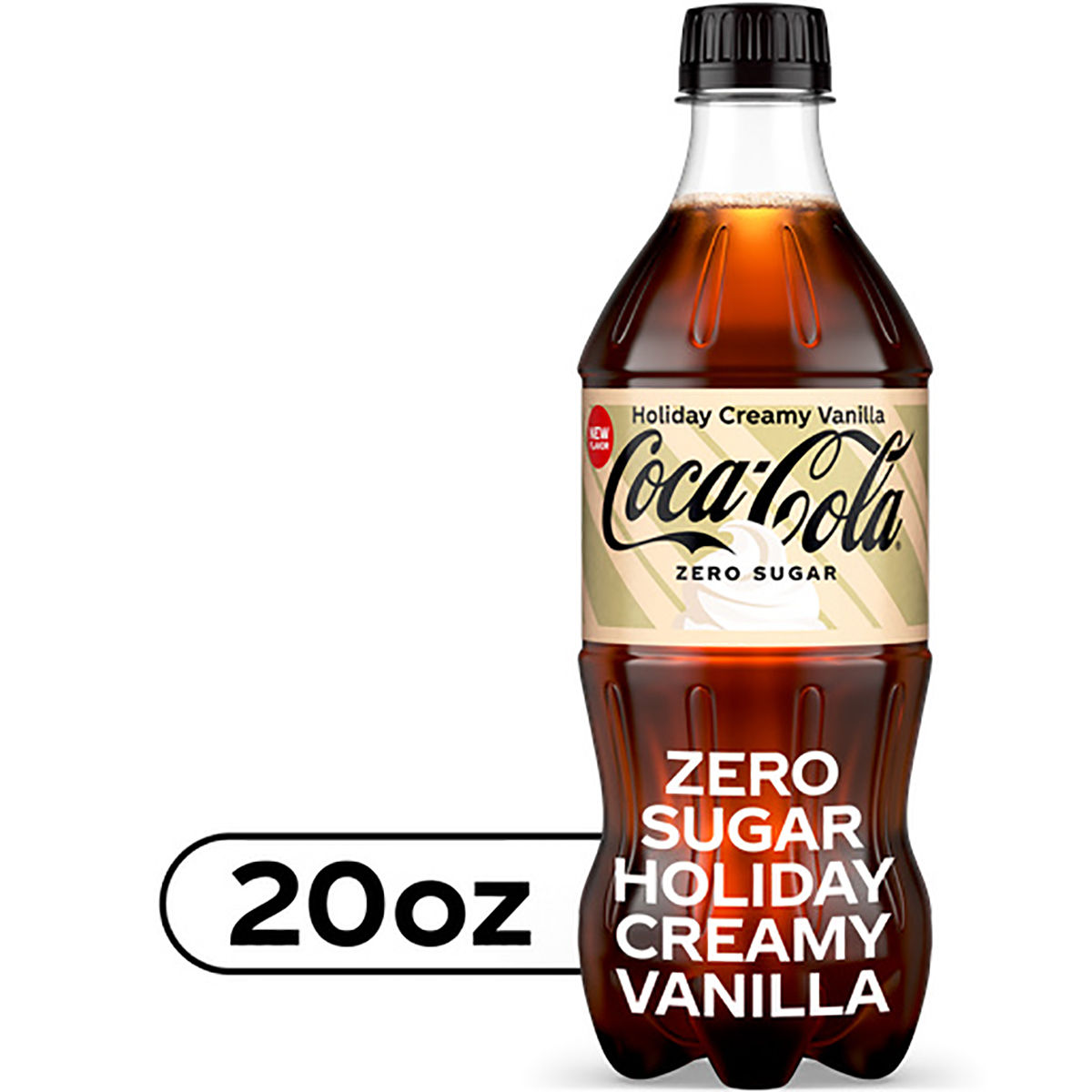 Coca-Cola Zero Sugar Holiday Creamy Vanilla Soda Soft Drink Bottle, 20 fl oz