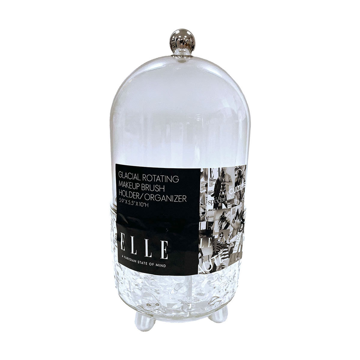 ELLE Glacial Clear Textured Glass Rotating Makeup Brush Holder/Organizer, 5.9x5.
