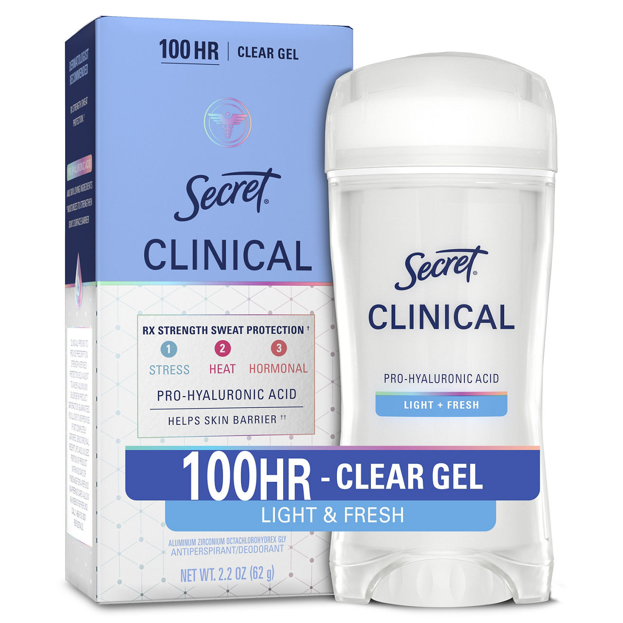 Secret Clinical 100HR Antiperspirant Deodorant, Pro-Hyaluronic Acid, Clear Gel, Light&Fresh, 2.2 oz