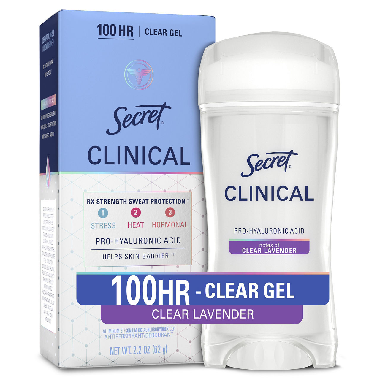 Secret Clinical 100HR Antiperspirant Deodorant, Pro-Hyaluronic Acid, Clear Gel, Clear Lavender, 2.2 oz