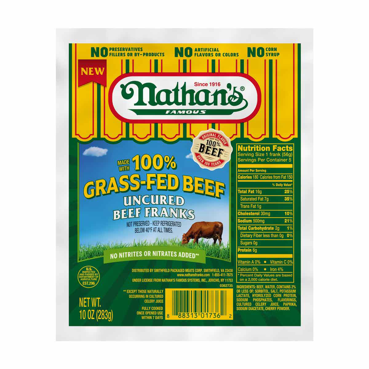 Nathan's Famous 100% Grass-Fed Beef Uncured Franks, 10 oz