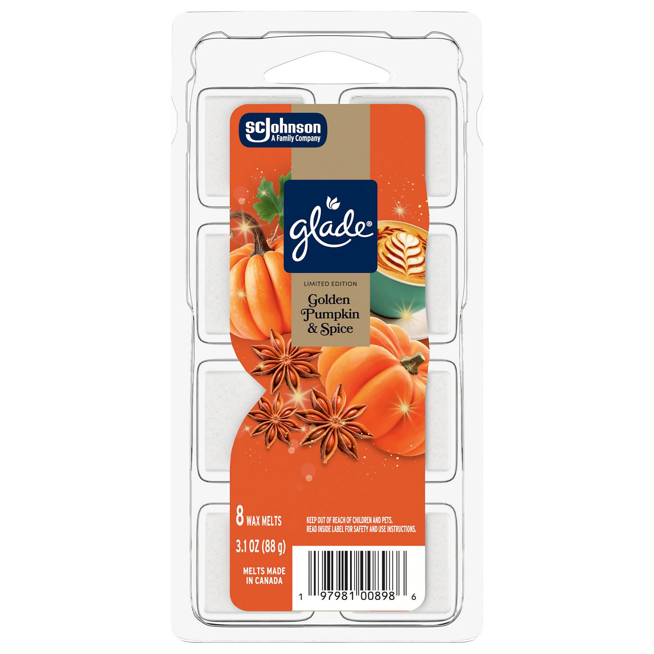 Glade® Wax Melts, Golden Pumpkin & Spice, 3.1oz., 8 Count Per Pack