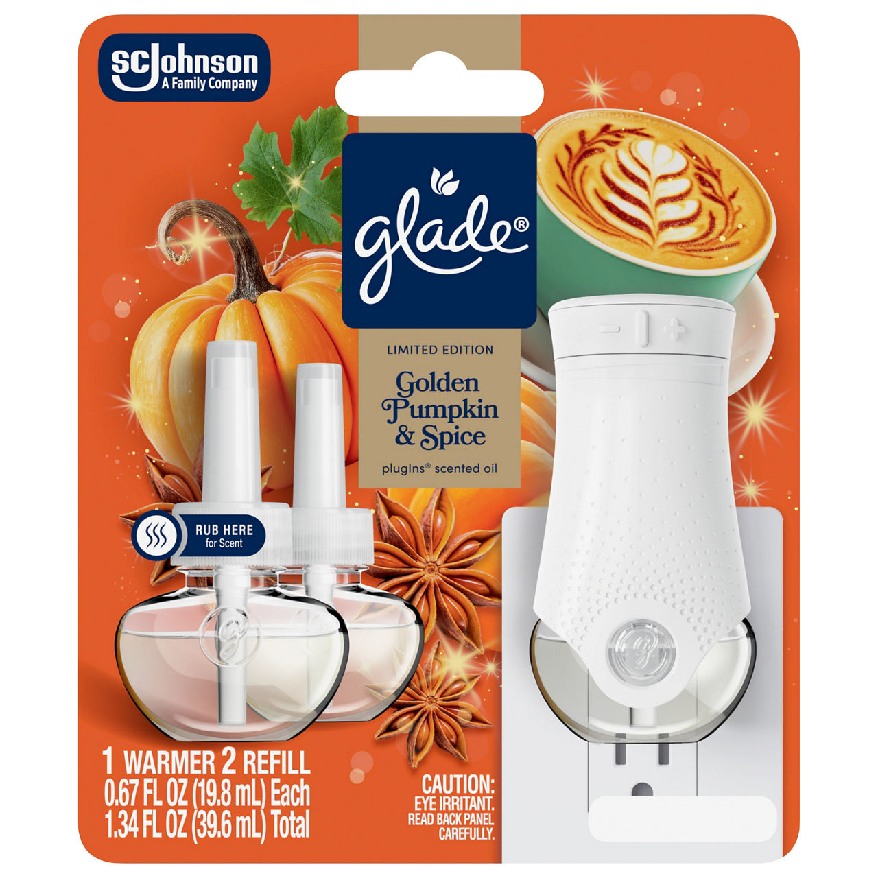 Glade® PlugIns® Starter Kit, Air Freshener, Golden Pumpkin & Spice, 1.34 fl oz, 1 Warmer + 2 Refills
