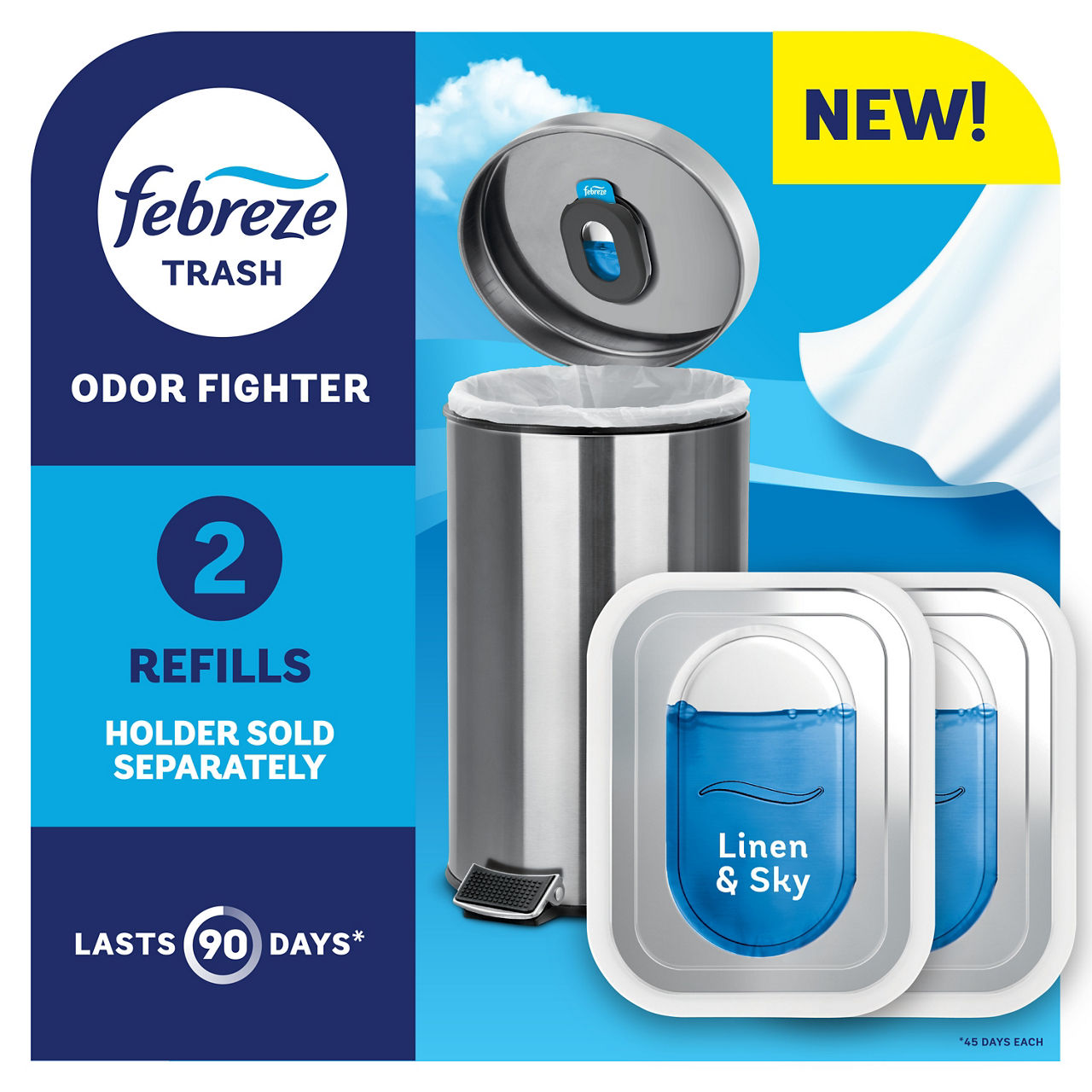 Febreze Trash Odor Fighter, Trash Can Air Freshener, Linen & Sky Scent, 2 Refills