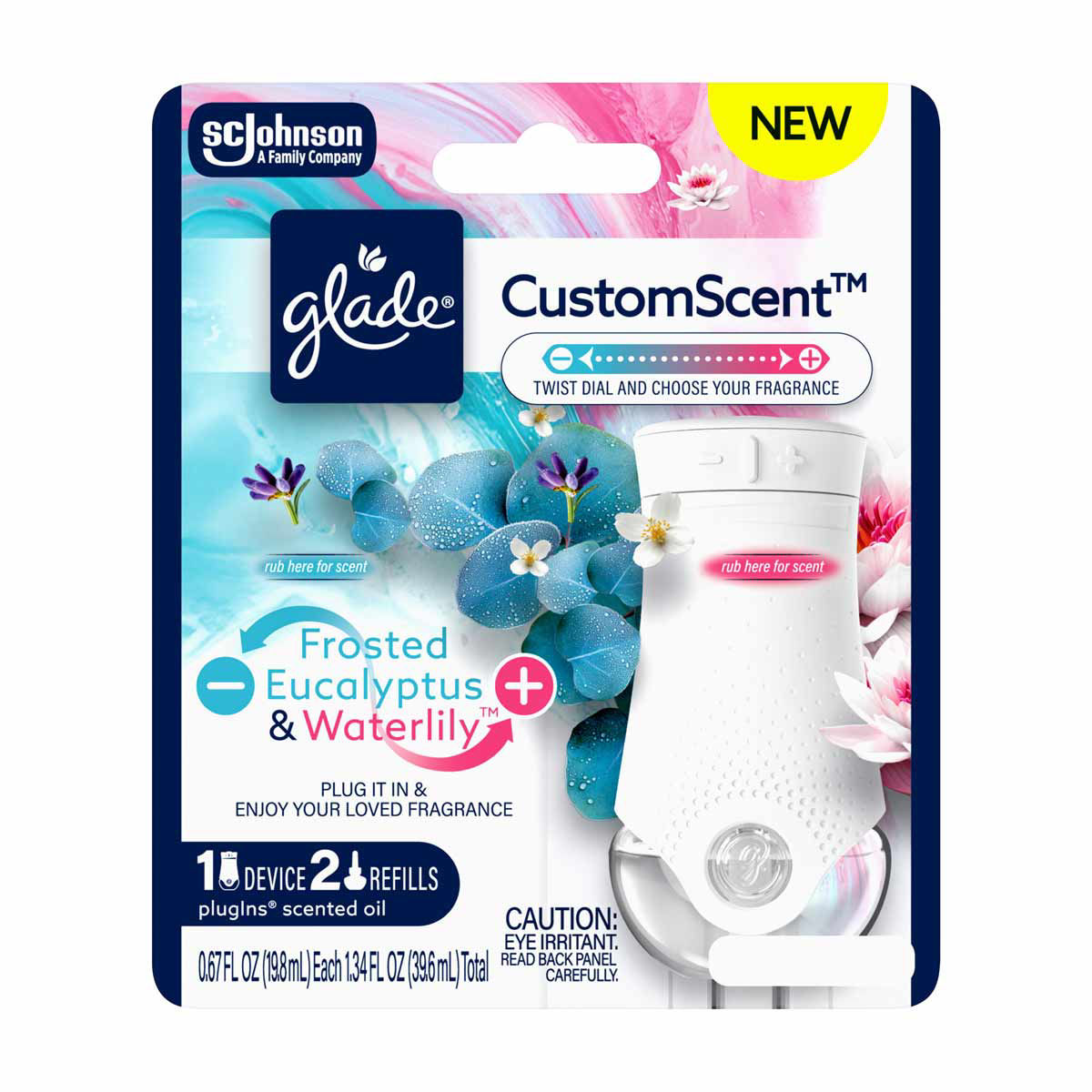 Glade® PlugIns® Refills with CustomScent Technology, Eucalyptus & Waterlily, 1 Warmer + 2 Refills