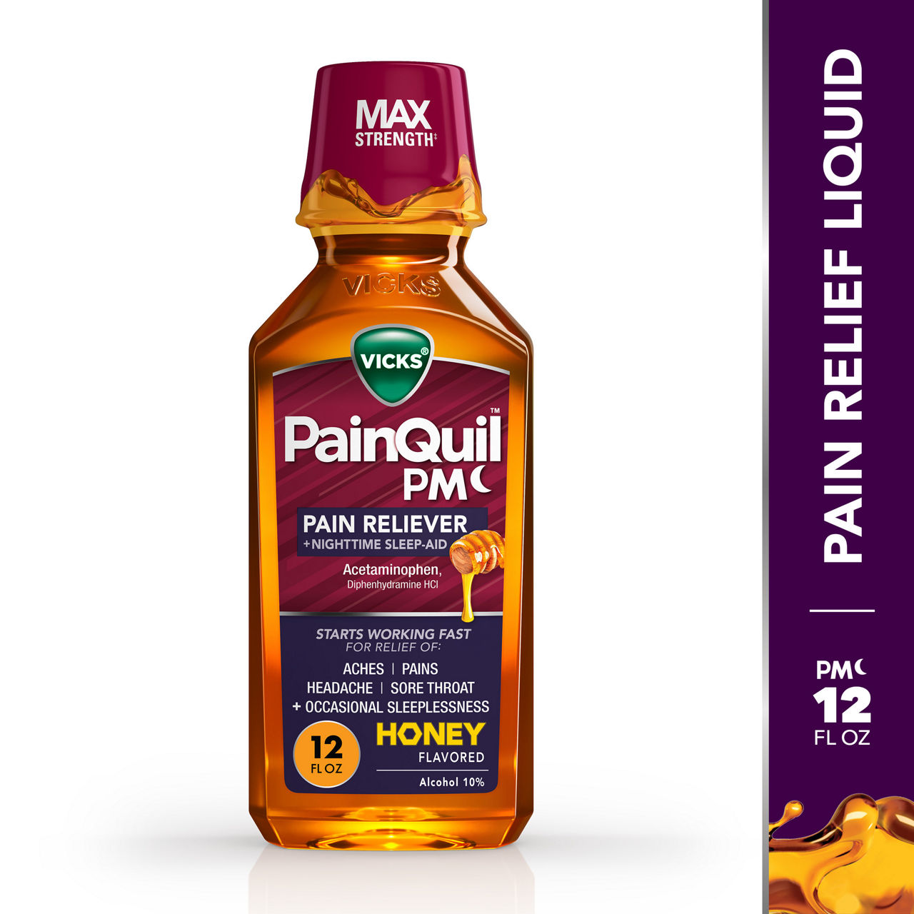 Vicks PainQuil Pain Relief Acetaminophen 1000mg Max Strength‡ Honey Flavored Adult Pain Reliever Liquid 12oz, Backache Headache Relief, Nighttime Pain Reliever + Sleep Aid