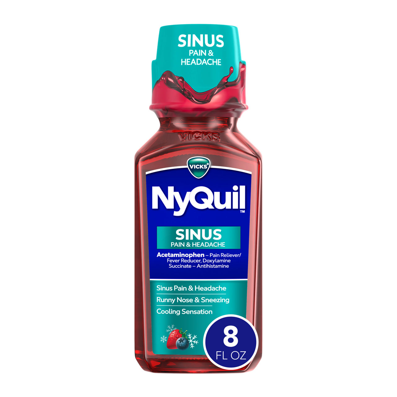Vicks NyQuil Sinus Pain & Headache Liquid, Nighttime Sinus Pain Medicine, Chill Berry Flavored – 8 FL OZ